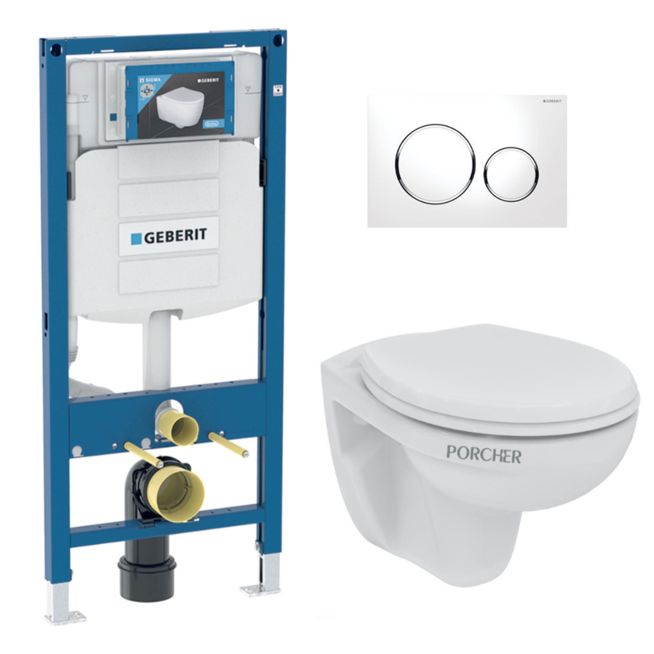 Pack WC Bati Geberit  Duofix + WC suspendu Porcher sans bride + abattant Eurovit + Plaque de commande blanche/chrome (GebPorcher