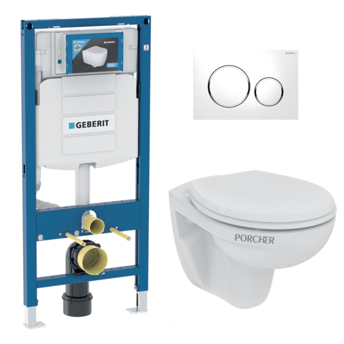 Pack WC Bati Geberit  Duofix + WC suspendu Porcher sans bride + abattant Eurovit + Plaque de commande blanche/chrome (GebPorcher