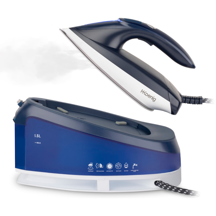 Centro de Planchado V7 H.Koenig 2200W, Flujo de vapor 120 g/min, 5,5 bares,Funcion Vapor Vertical, Suela de Ceramica Antihaderente