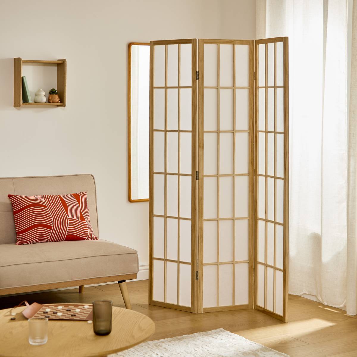 Paravent Sandai 112,5x170cm blanc et bois
