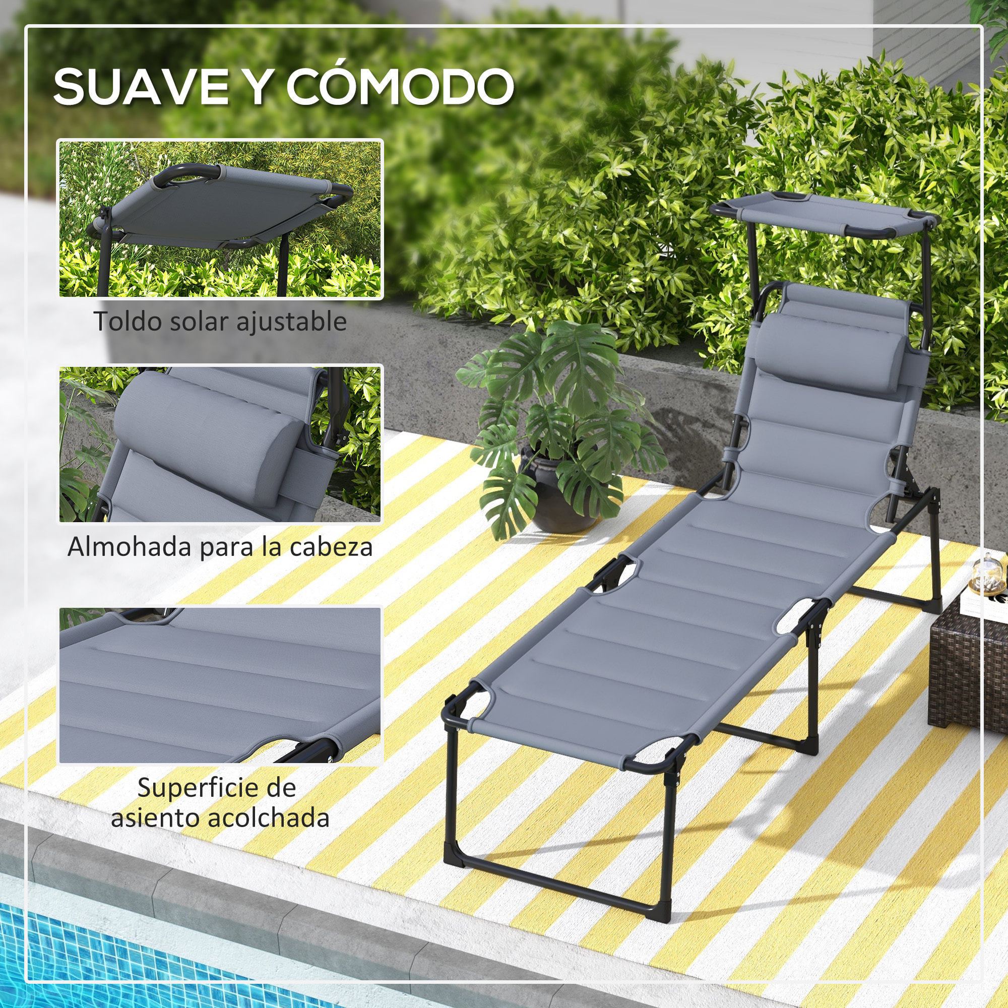 Tumbona Plegable Tumbona de Jardín con Toldo Ajustable Respaldo Regulable en 4 Niveles y Reposacabezas para Terraza Piscina 70x200x45 cm Gris