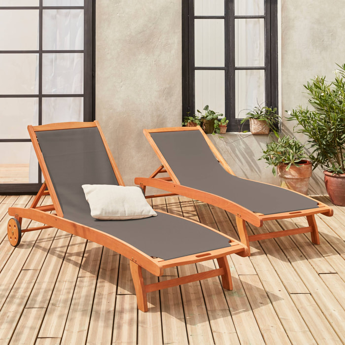 Bains de soleil en bois - Marbella Gris anthracite - 2 transats en bois d'Eucalyptus huilé et textilène gris anthracite