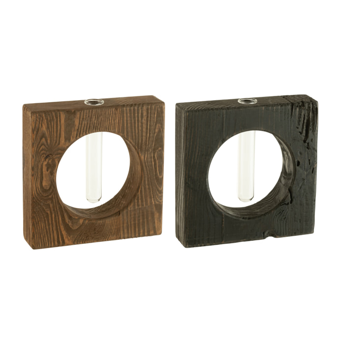 J-Line vase 1 Fleur - bois/verre - brun/noir - 2 pièces - 20 x 20.5 cm