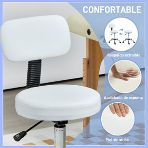 Taburete con Ruedas Giratorio, Taburete de Trabajo con Respaldo Desmontable, Altura Regulable, Tapizado en Cuero Sintético, para Oficina, Dormitorio, Blanco
