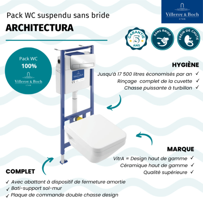Pack WC suspendu sans bride Villeroy & Boch Architectura Twistflush [e³] rectangle+bâti-support sol et mur+plaque chrome brillant