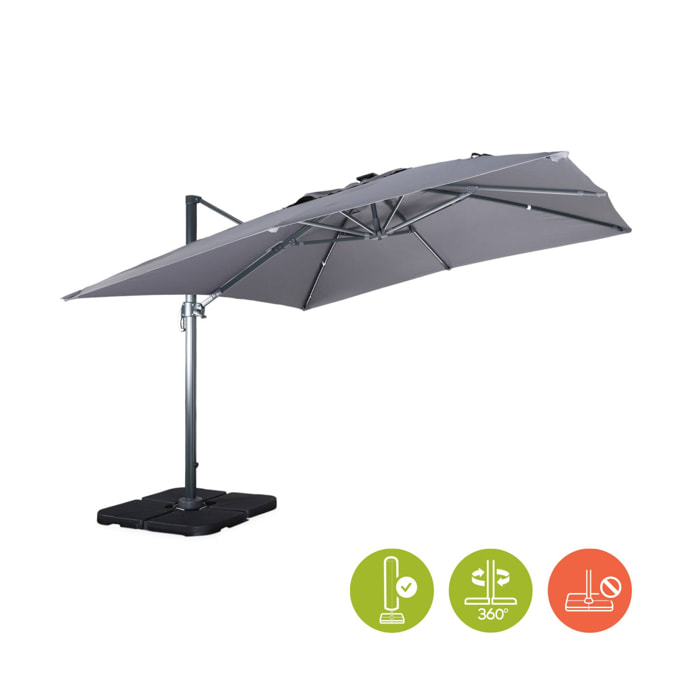 Parasol déporté solaire LED 3x3m Luce gris avec lumière intégrée + housse