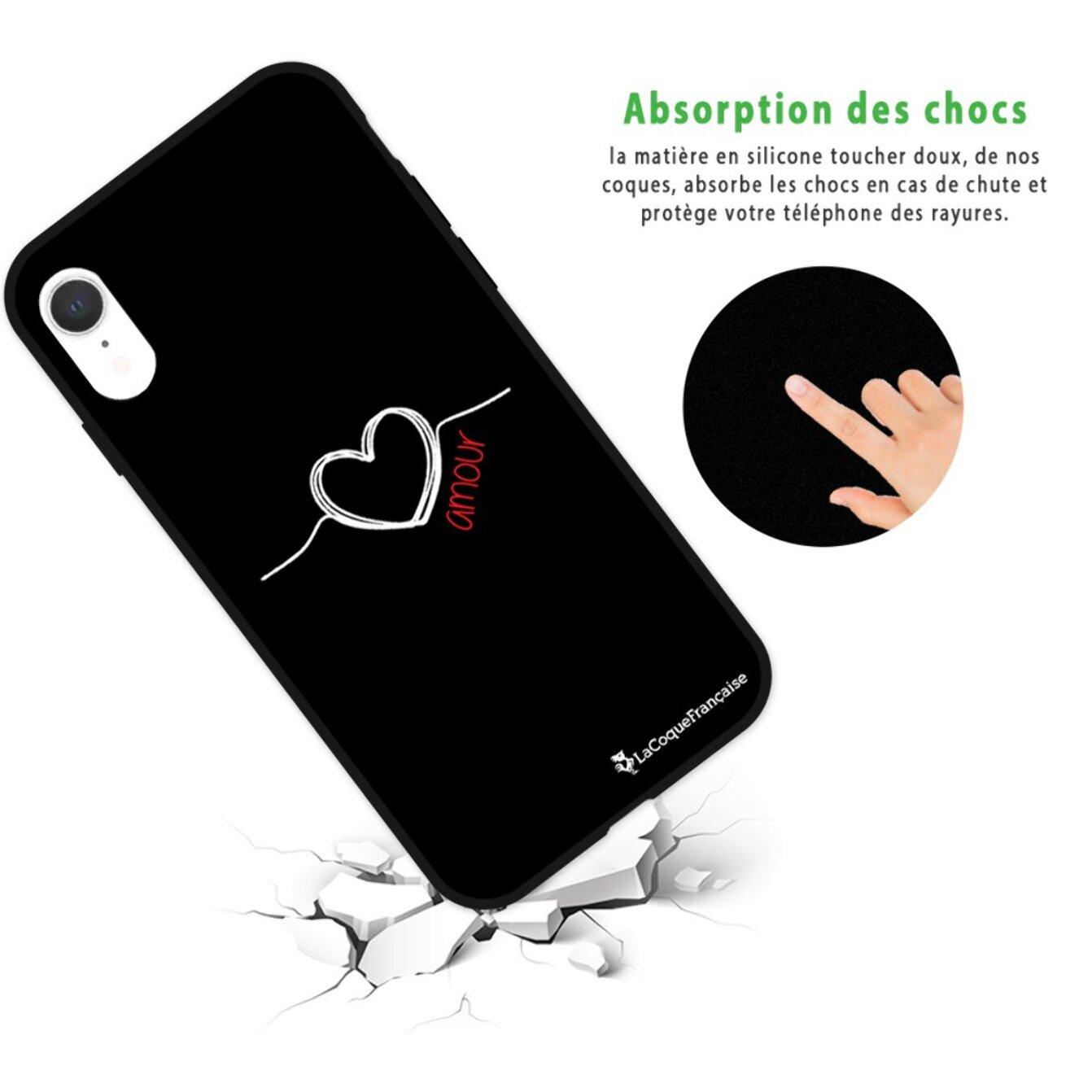 Coque iPhone Xr Silicone Liquide Douce noir Coeur Blanc Amour La Coque Francaise.