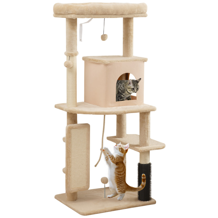 Árbol Rascador para Gatos Grande Altura 132 cm Árbol para Gatos Torre para Gatos con Plataformas Poste con Cepillo Bolas Colgantes y Almohadilla para Rascar Beige