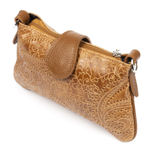 Allerona Bolso de mano Mujer.Piel auténtica Gamuza Grabado Arabesco.