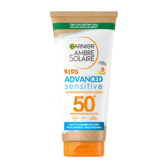 2x Latte Solare Protettivo SPF 50+ per Bambini Ambre Solaire Kids Advanced Sensitive Ipoallergenico con Protezione Molto Alta - 2 Flaconi da 50ml