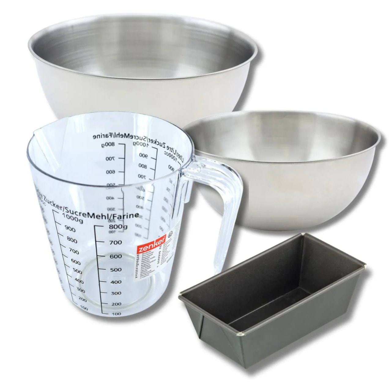 Set pâtisserie avec mini moule à cake 20 cm, 2 bols à mixer, verre mesureur et spatule Zenker
