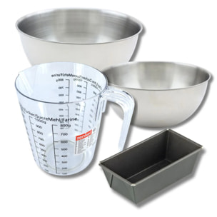 Set pâtisserie avec mini moule à cake 20 cm, 2 bols à mixer, verre mesureur et spatule Zenker