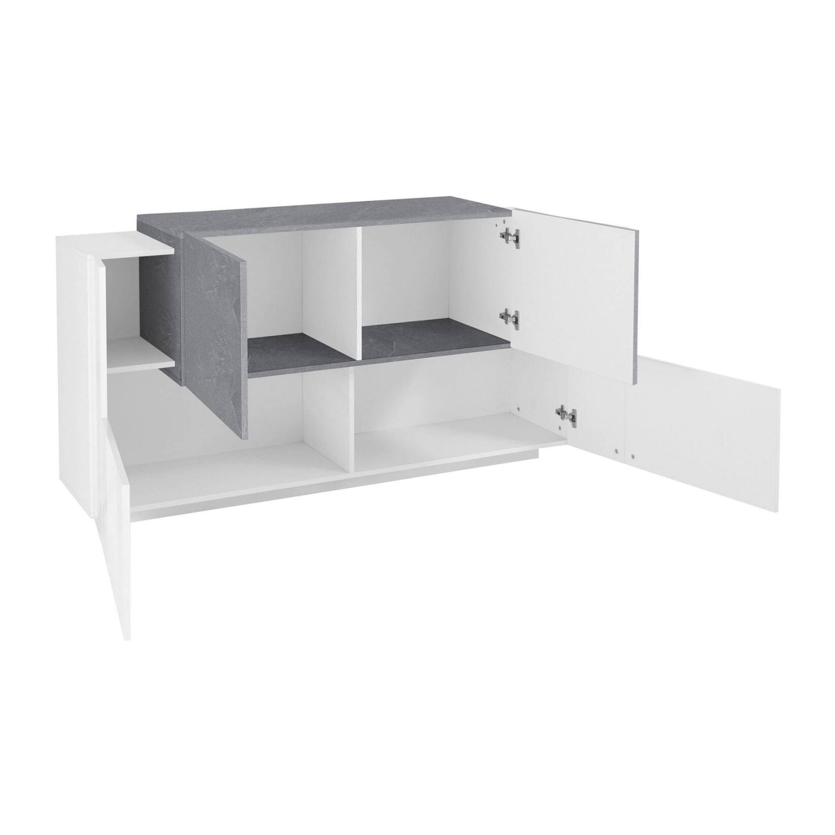 Credenza moderna a 4 ante, Made in Italy, Madia da cucina, Buffet di design da soggiorno, cm 160x45h86, colore Bianco lucido e Cemento