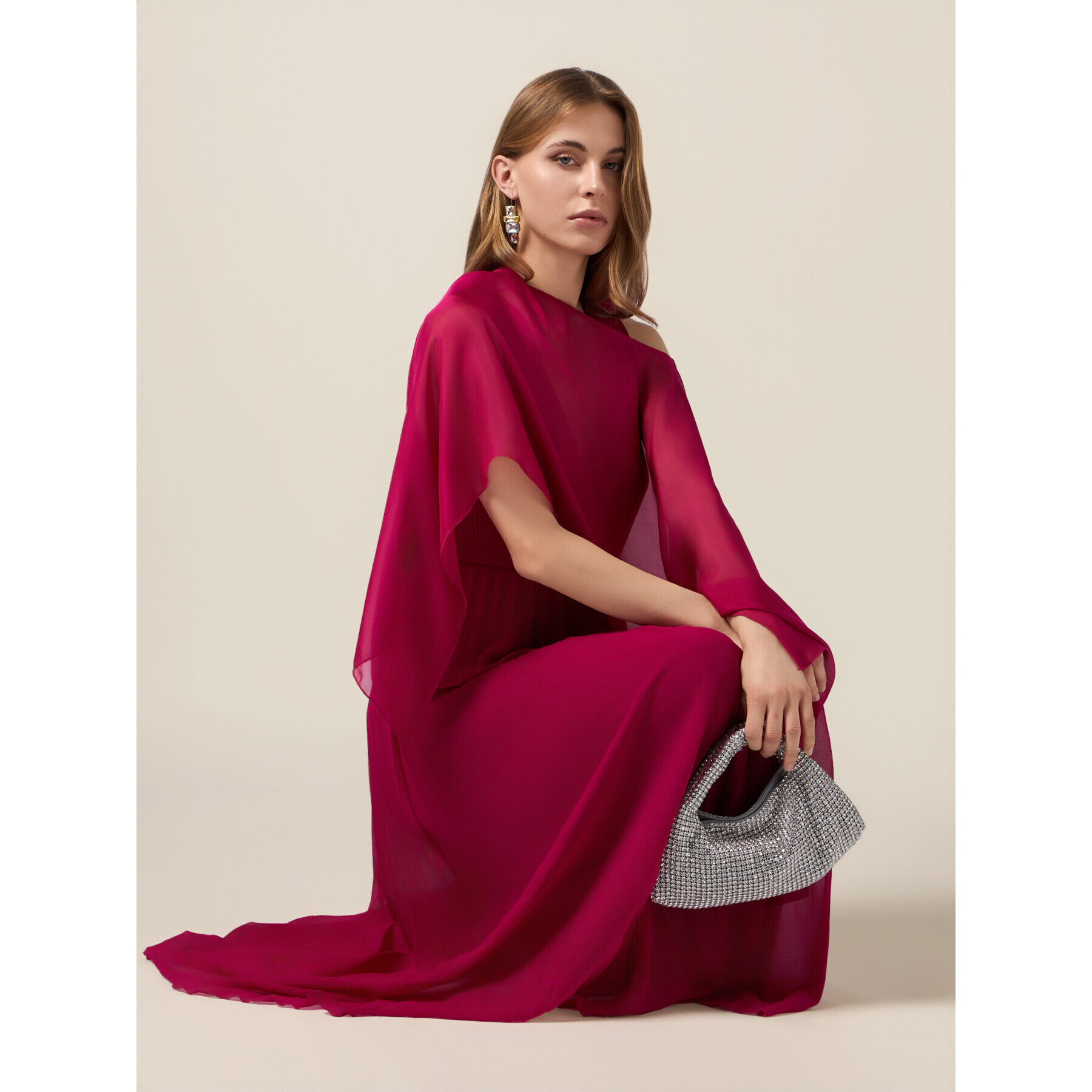 Oltre - Vestito lungo plissé con rouche - Fucsia