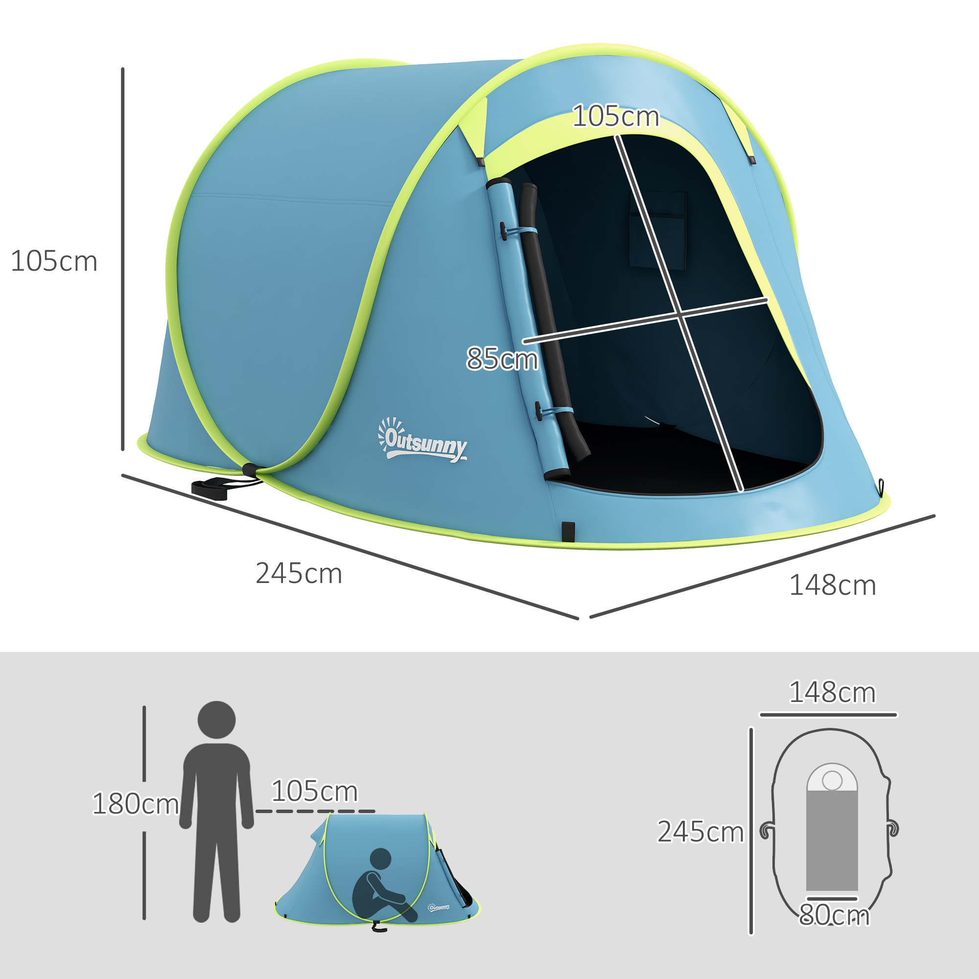 Tente de camping automatique pop-up 2-3 pers. étanchéité 2000 mm sac bleu