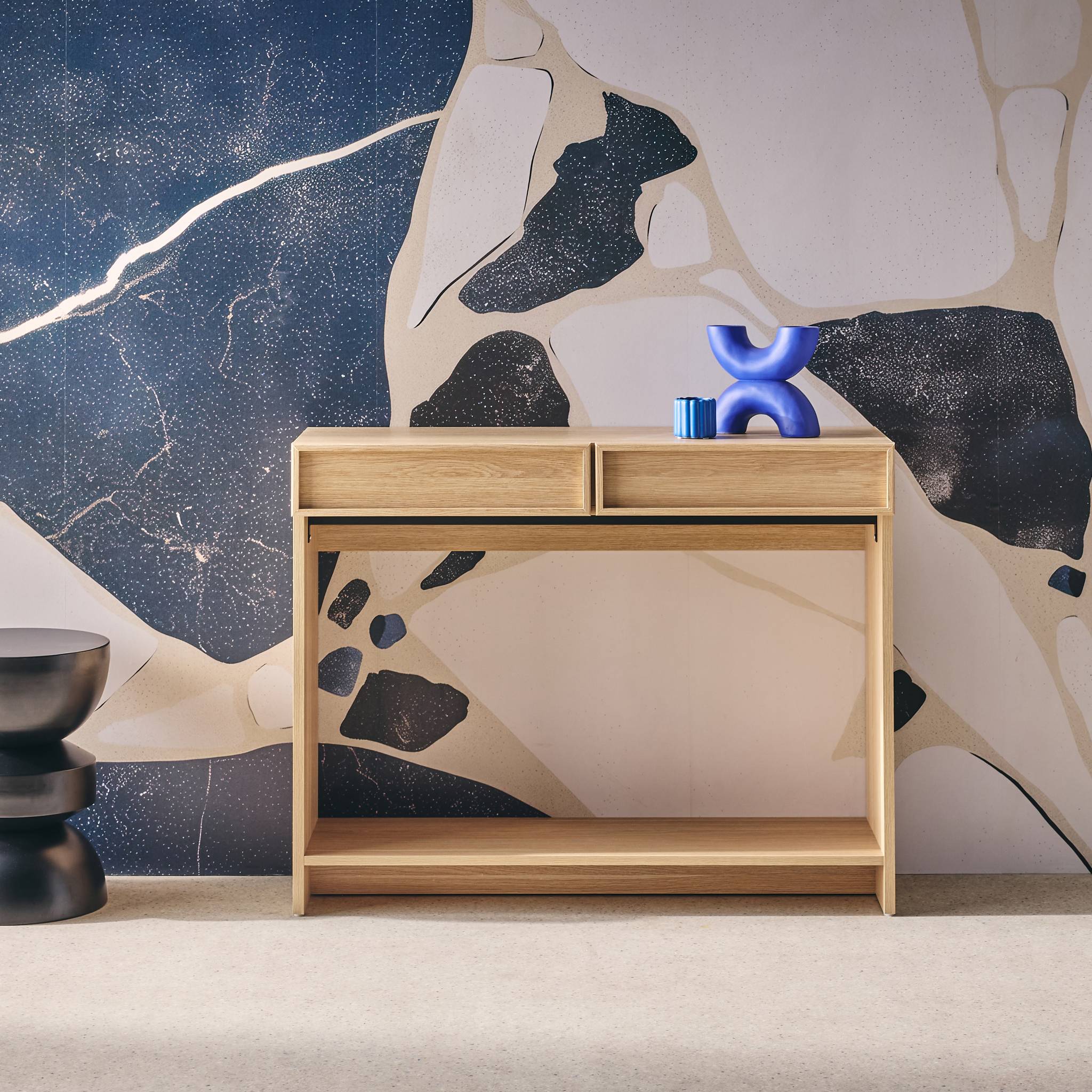 Console effet bois naturel 2 tiroirs et étagère - L 100 x P 33 x H 78cm - Kuba