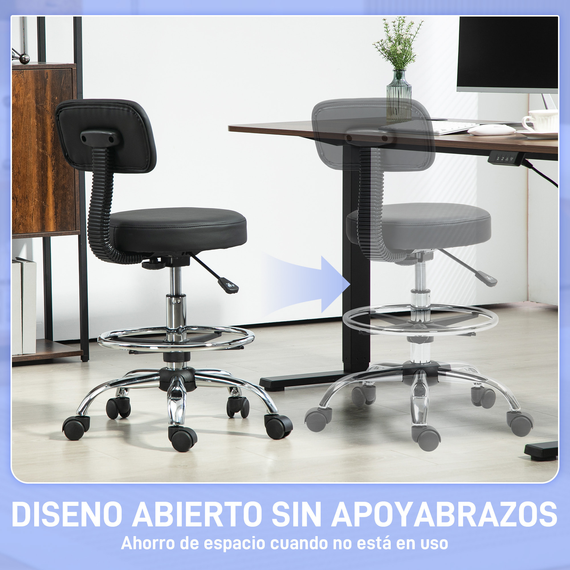 Taburete Giratorio, Taburete con Ruedas y Respaldo, Reposapiés, Altura Ajustable, Tapizado en Cuero Sintético, para Oficina, Dormitorio, Negro