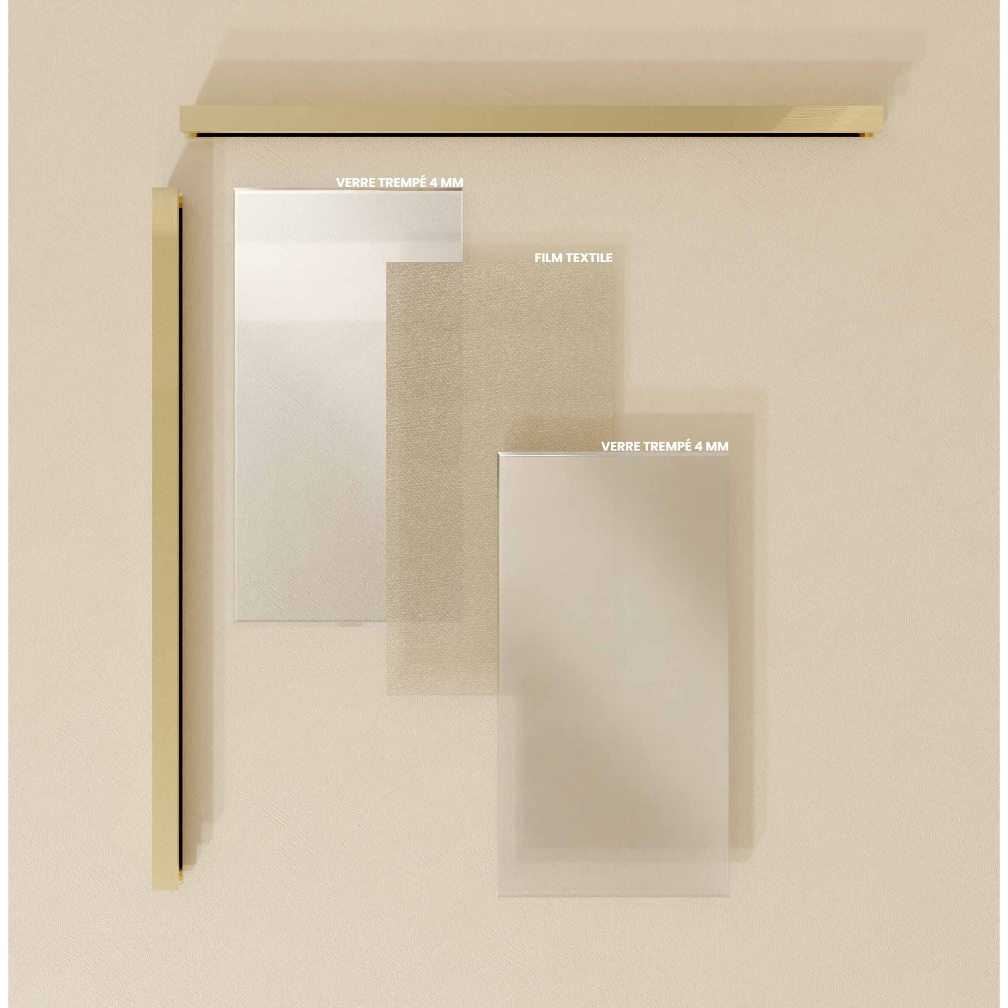 Paroi de douche 120x200cm - Verre feuilleté avec tissu doré - Encadrement Or Doré Brossé - COUTURE
