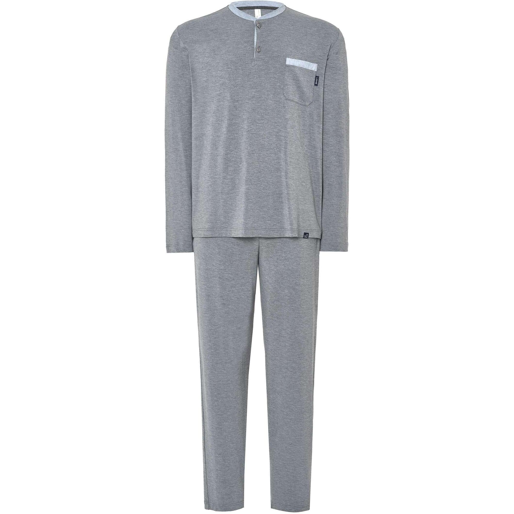 Pijama hombre suave tejido, escote con abertura de botones, manga larga y pantalón largo de corte regular con bolsillos laterales