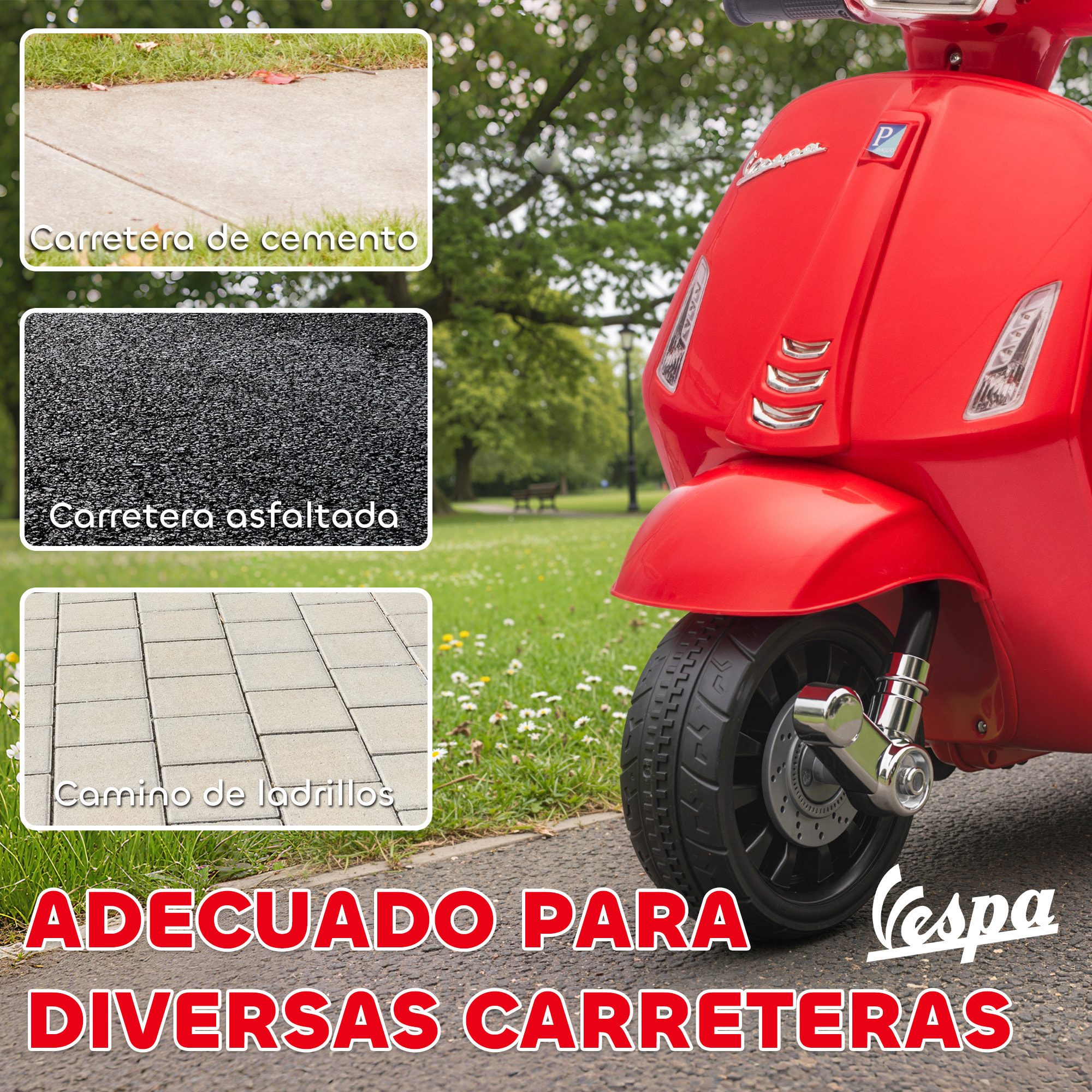 Moto Eléctrica para Niños 6V con Licencia Vespa, Moto Eléctrica Infantil con Ruedas Auxiliares de 6,9'', Velocidad de 2,5km/h, Faro y Bocina, para Niños de 2-6 Años, Rojo
