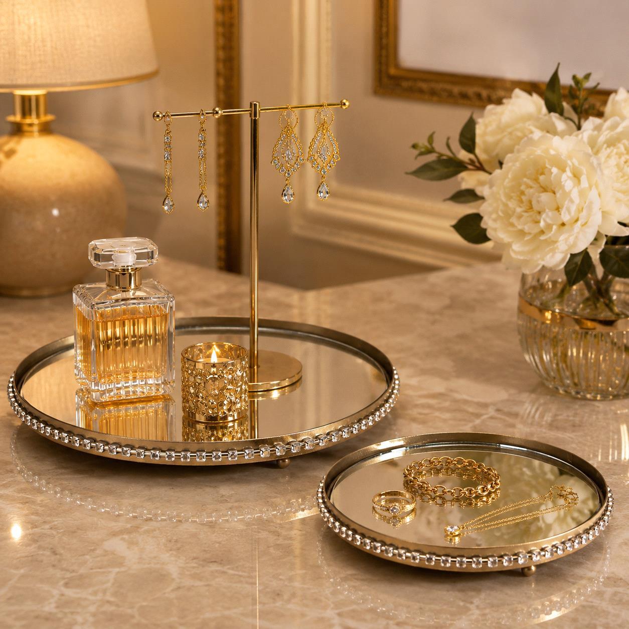 Vassoio con specchio e strass - Pezzi 3 - ORO - Bianchi Dino SpA