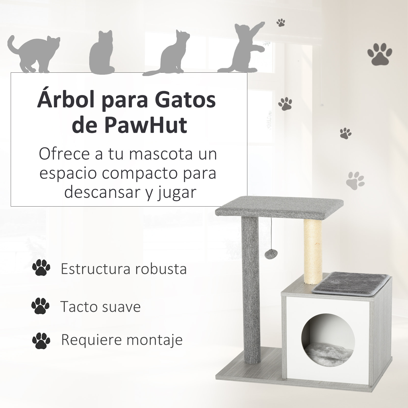 árbol Rascador de Gatos de Felpa y Sisal 59x39x62 cm Gris