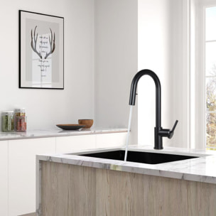 Mood set mitigeur lavabo XL + mitigeur de cuisine Ceramia Timeless acier inoxydable, douchette extractible, noir mat (SATBM285C)