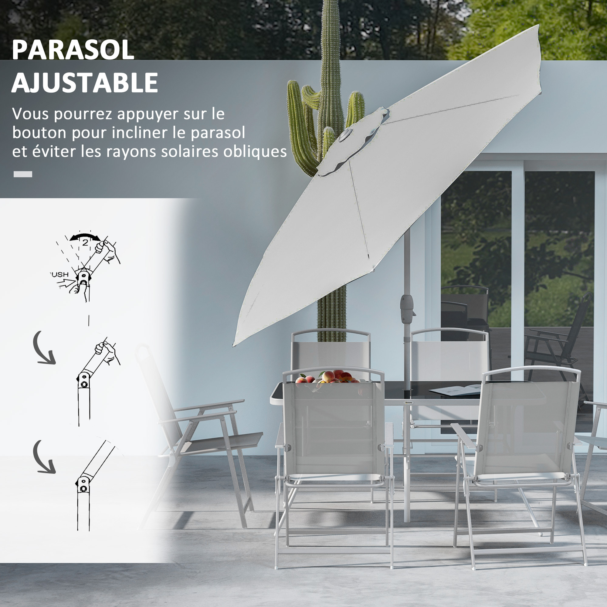 Ensemble salon de jardin 6 places 8 pièces - parasol, table, 6 chaises pliantes - métal époxy textilène polyester gris