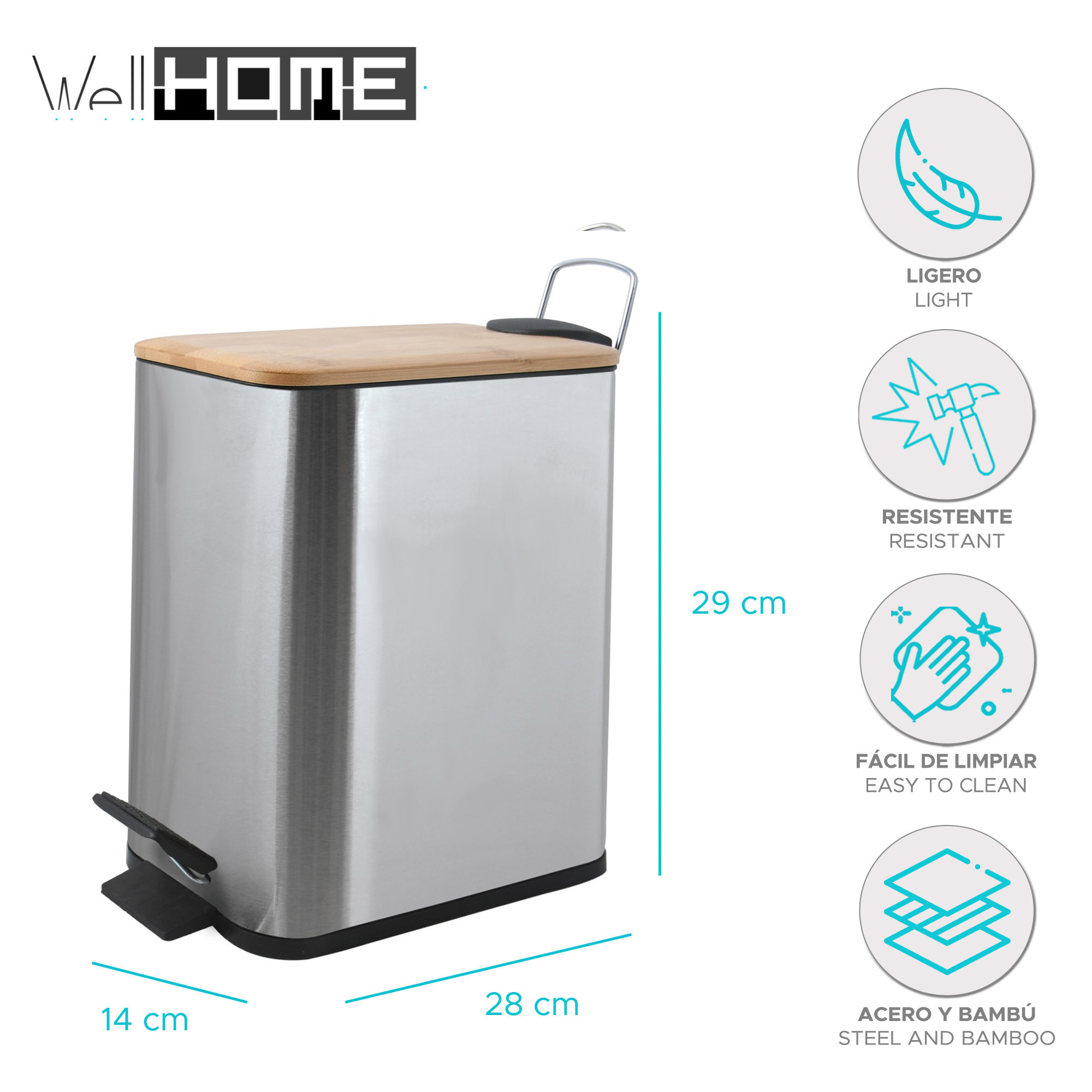 Cubo de basura con pedal ERIK de 5L en color Plateado - 14x28x29cm