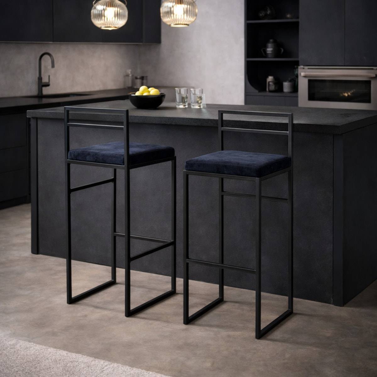 Lot de 2 tabourets de bar – Velours élégant – Repose-pieds