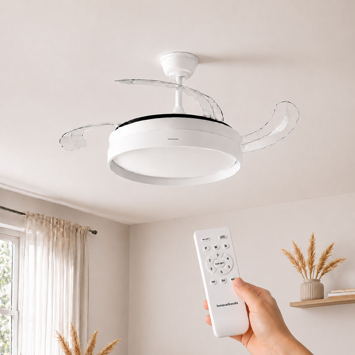 Ventilatore da Soffitto con Luce LED e 4 Pale Retrattili Keteez InnovaGoods Bianco 72 W Ø49-104 cm