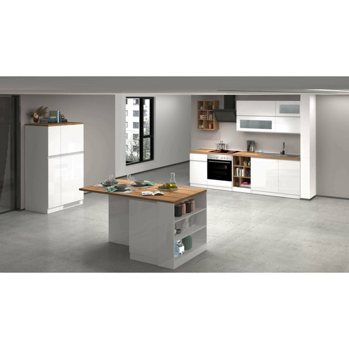 Cucina completa Armend, Set con dispensa, Mobile per cucinotto, Kit blocco con isola e portafrigo, 100% Made in Italy, Bianco lucido e Rovere