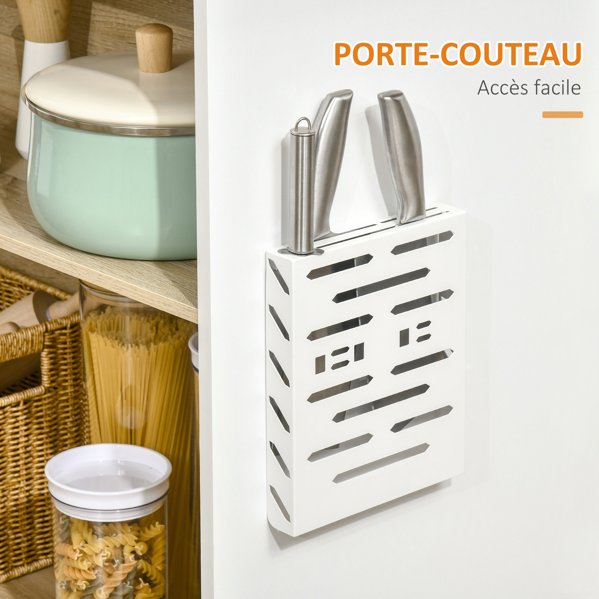 Ilot central de cuisine avec rangements plan de travail rabattable 2 étagères 140L x 55l x 91H cm blanc et aspect chêne clair