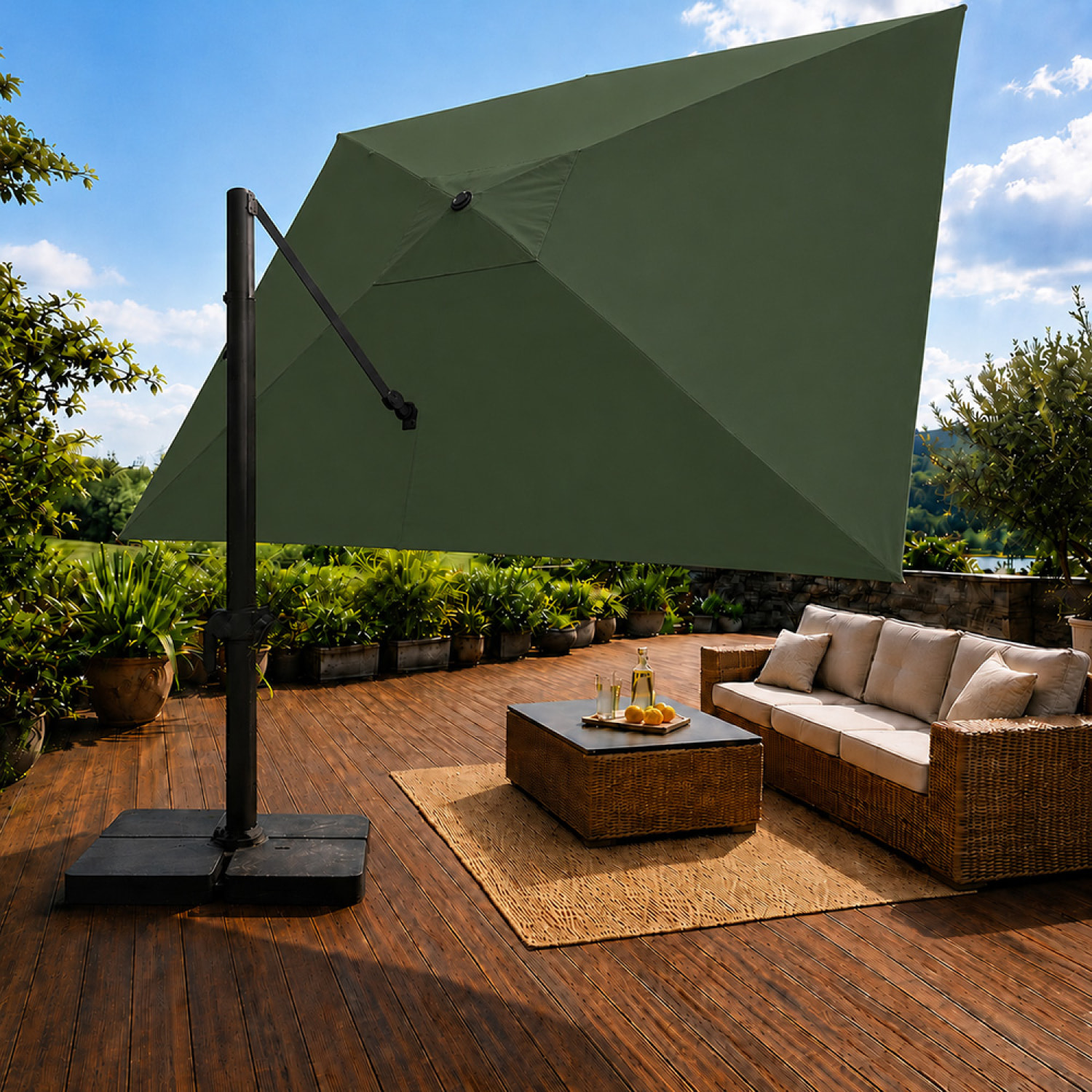 Parasol rectangulaire 3x4 déporté rotatif vert en aluminium GHAZIE