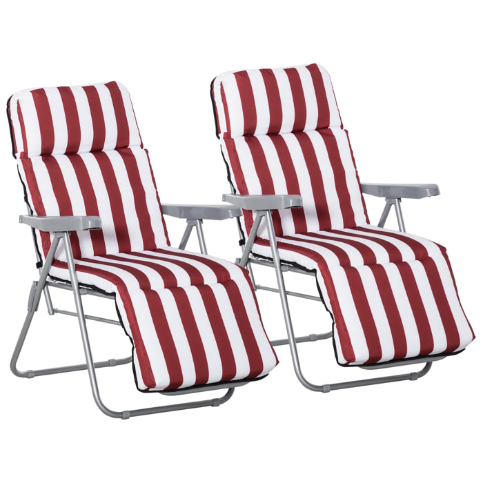 Lot de 2 chaises longues bains de soleil ajustables pliables transat lit de jardin en acier rouge + blanc