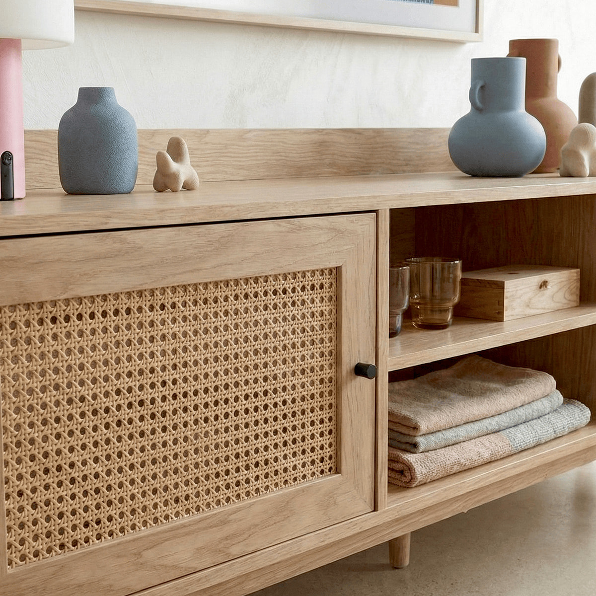 Meuble TV 1 porte 2 tiroirs en cannage et bois - EDEN