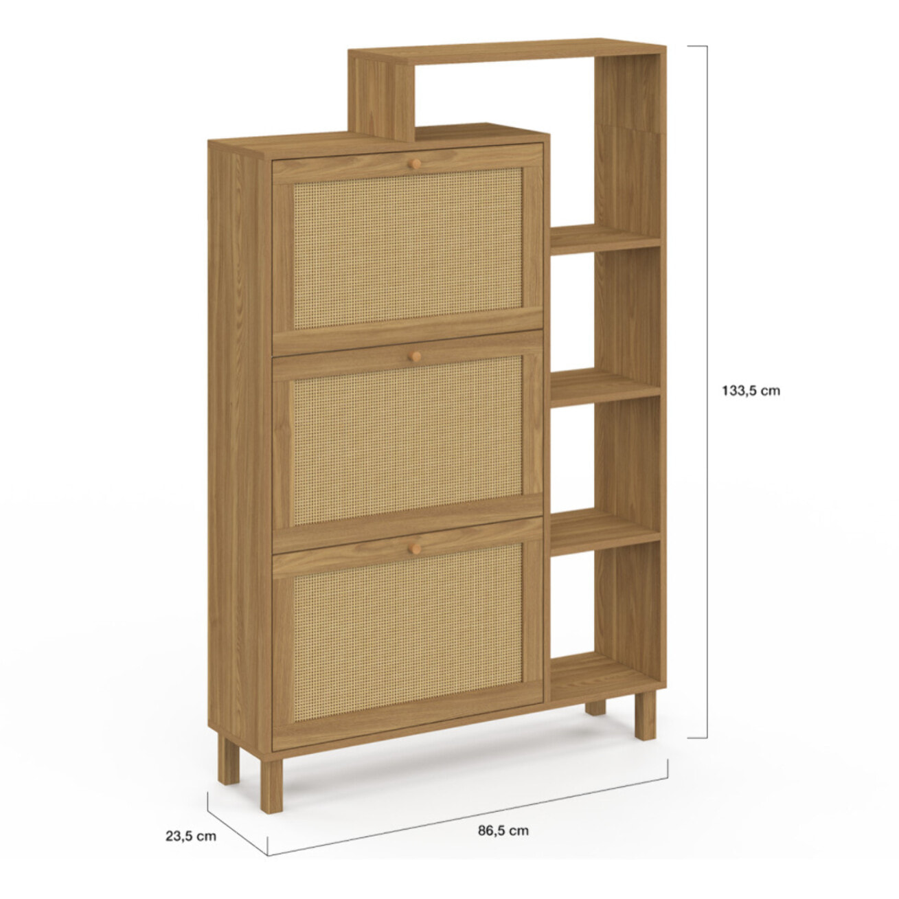 Meuble à chaussures Erin 3 portes en cannage avec étagères - 18 paires