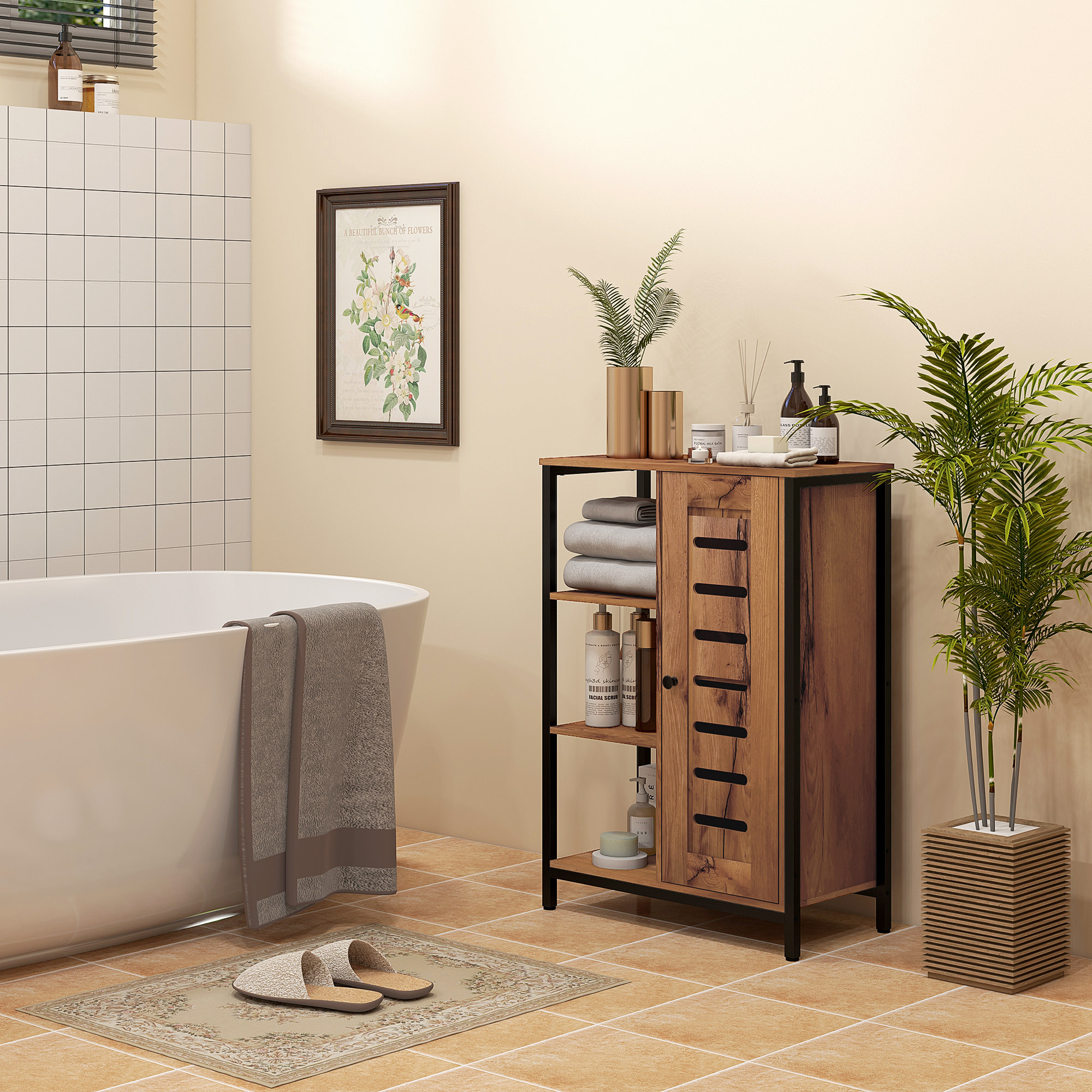 Meuble de salle de bain sur pied, meuble de rangement, design industriel, structure en acier, 3 étagères ouvertes, placard à 2 niveaux, porte à lamelles, 60 x 30 x 85 cm, marron rustique
