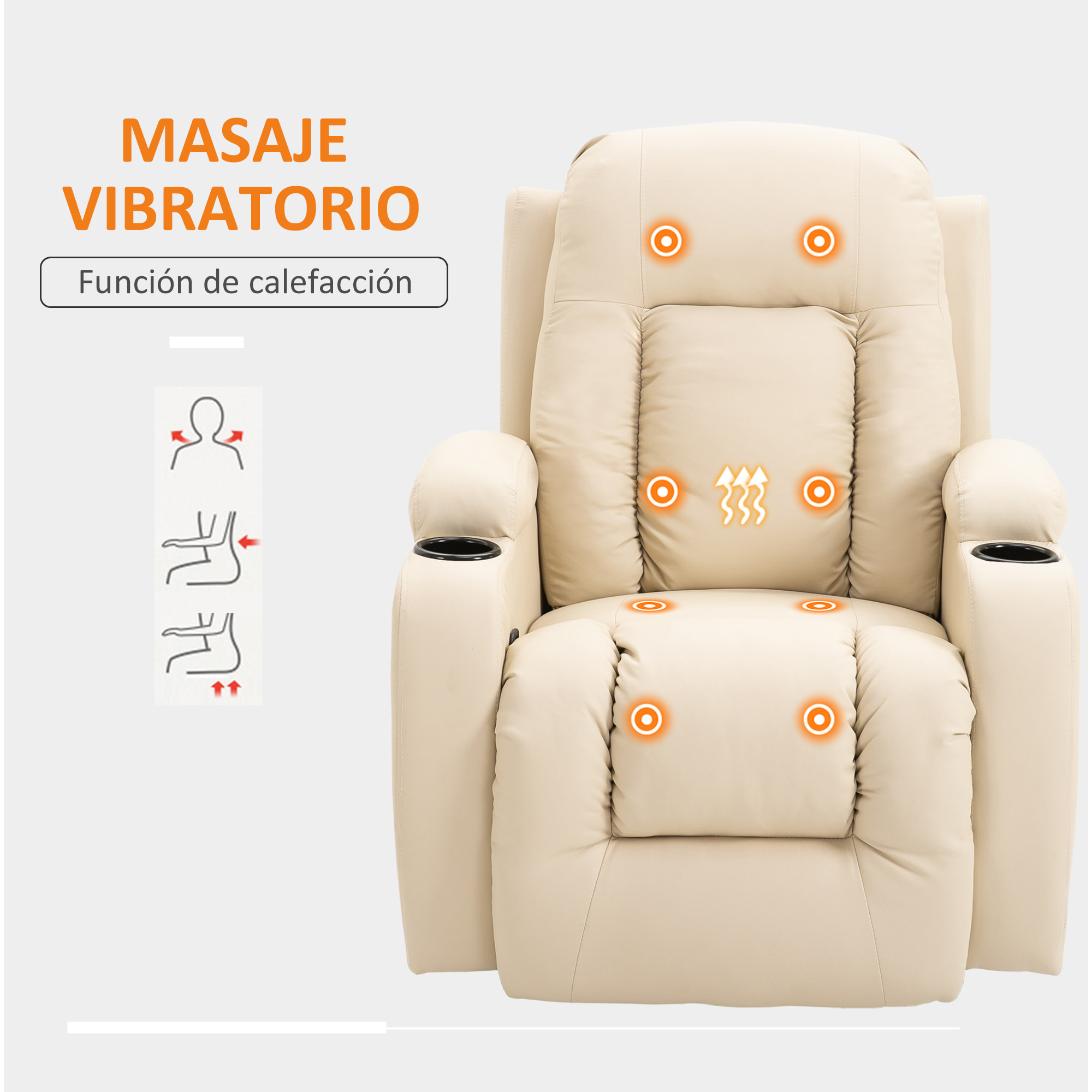 Sillón de Masaje Reclinable hasta 150° Silla para Relajación Sillón Relax con 8 Puntos de Masaje Vibrante Función de Calefacción Lumbar Mando a Distancia 85x94x104 cm Crema