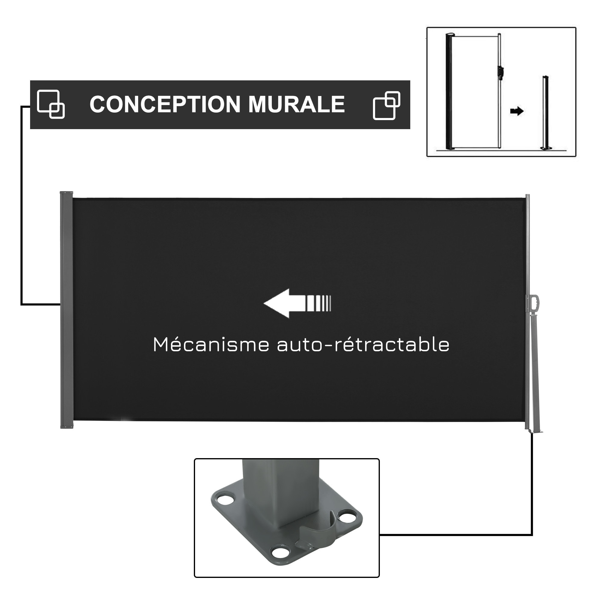 Store latéral brise-vue paravent rétractable dim. 3L x 1,6H m métal polyester imperméable anti-UV haute densité 180g/m² noir