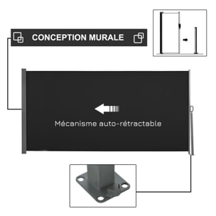 Store latéral brise-vue paravent rétractable dim. 3L x 1,6H m métal polyester imperméable anti-UV haute densité 180g/m² noir