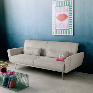 Canapé convertible design en velours côtelé gris clair - Oskar - 3 places scandinave droit avec pieds métal chromé