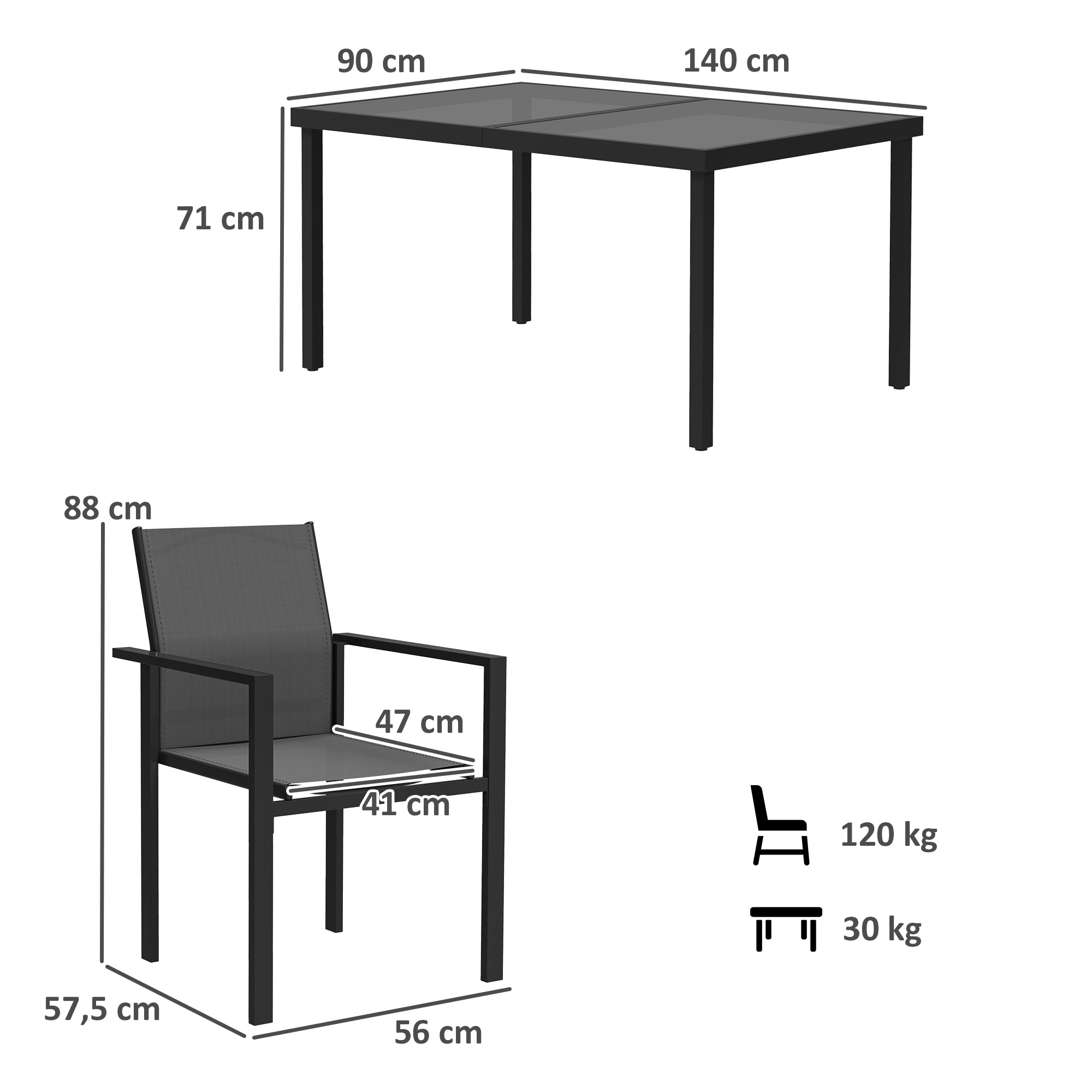 Ensemble table de jardin rectangulaire et 4 chaises empilables métal textliène verre trempé noir