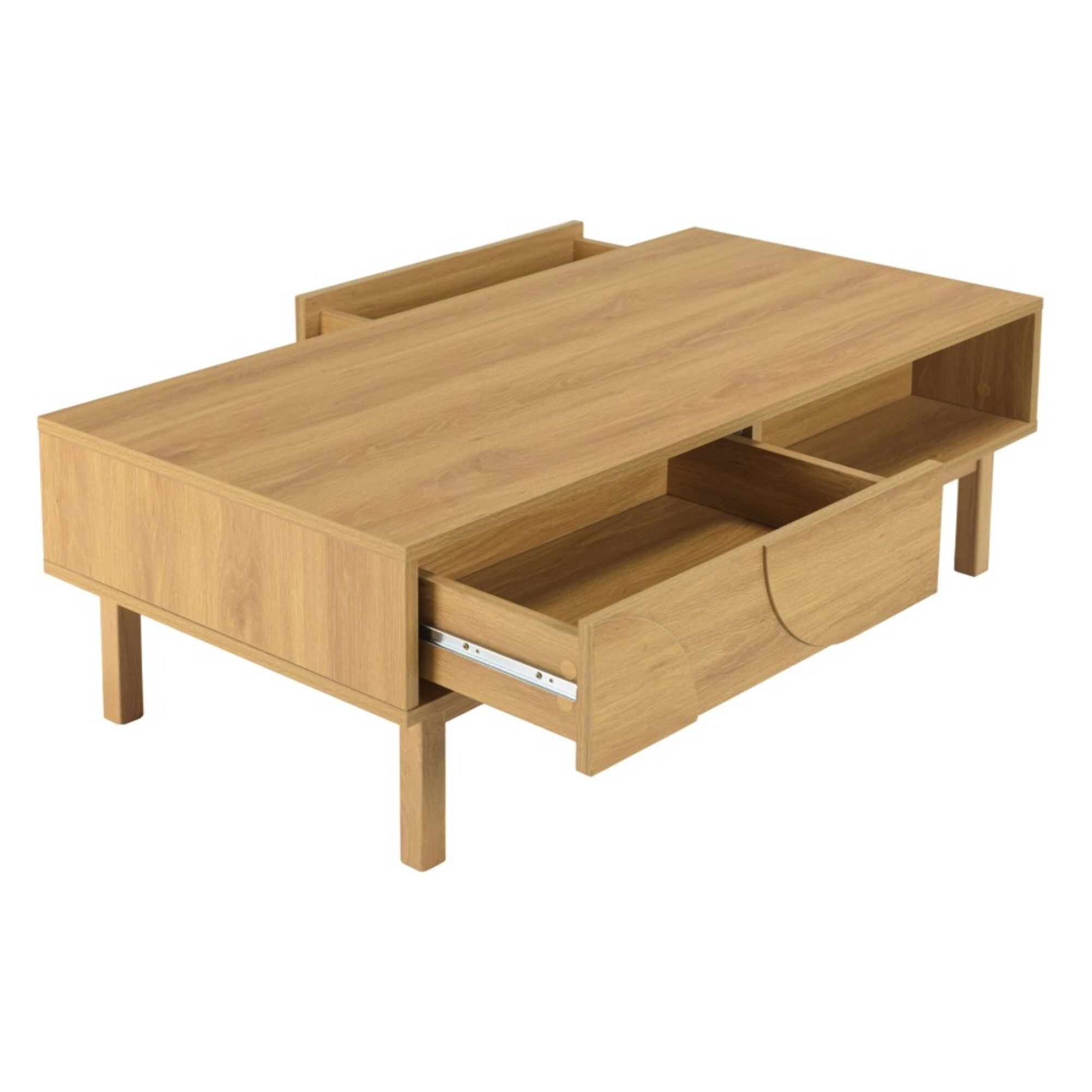 ETHAN - Table basse couleur naturelle 2 tiroirs 2 niches décor motif arrondi