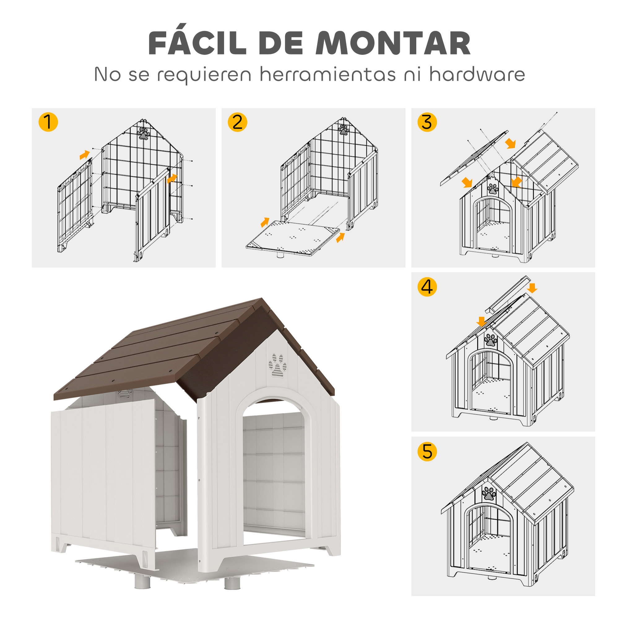 Caseta para Perros Exterior, Casa para Perros Grandes de Plástico Impermeable con 2 Ventanas, Base Elevada, Estacas, Fácil de Montar, 88x79x89 cm, Marrón Oscuro
