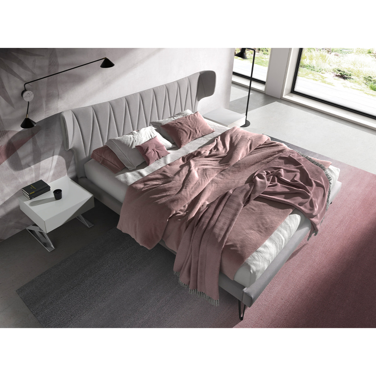 Cama Angel Cerdá de matrimonio con cabecero y estructura en tela gris claro y patas de acero inoxidable en epoxi negro 233x213x112cm