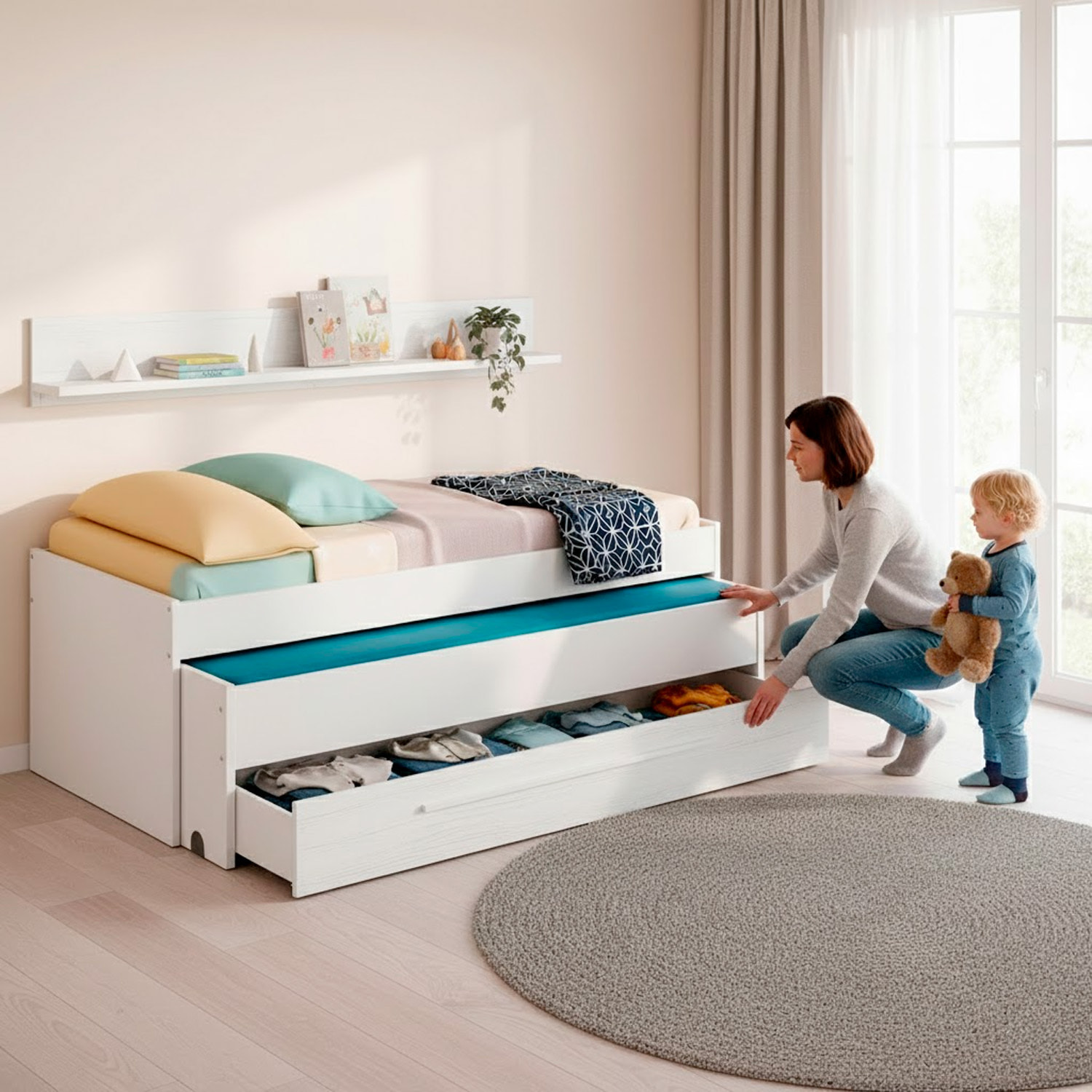 Letto A Castello Salvaspazio Con Letto Estraibile Cassetto E Mensola Design Nordico Ideale Per Camerette  65×199×96 Cm Bianco e Bianco Effetto Legno