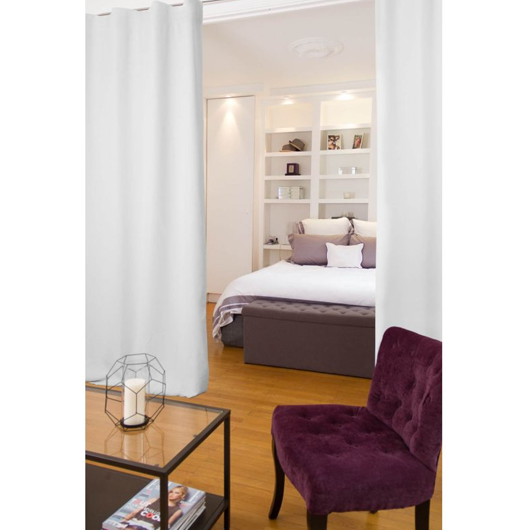 Rideau Séparateur de Pièce à galon et ourlet - Blanc