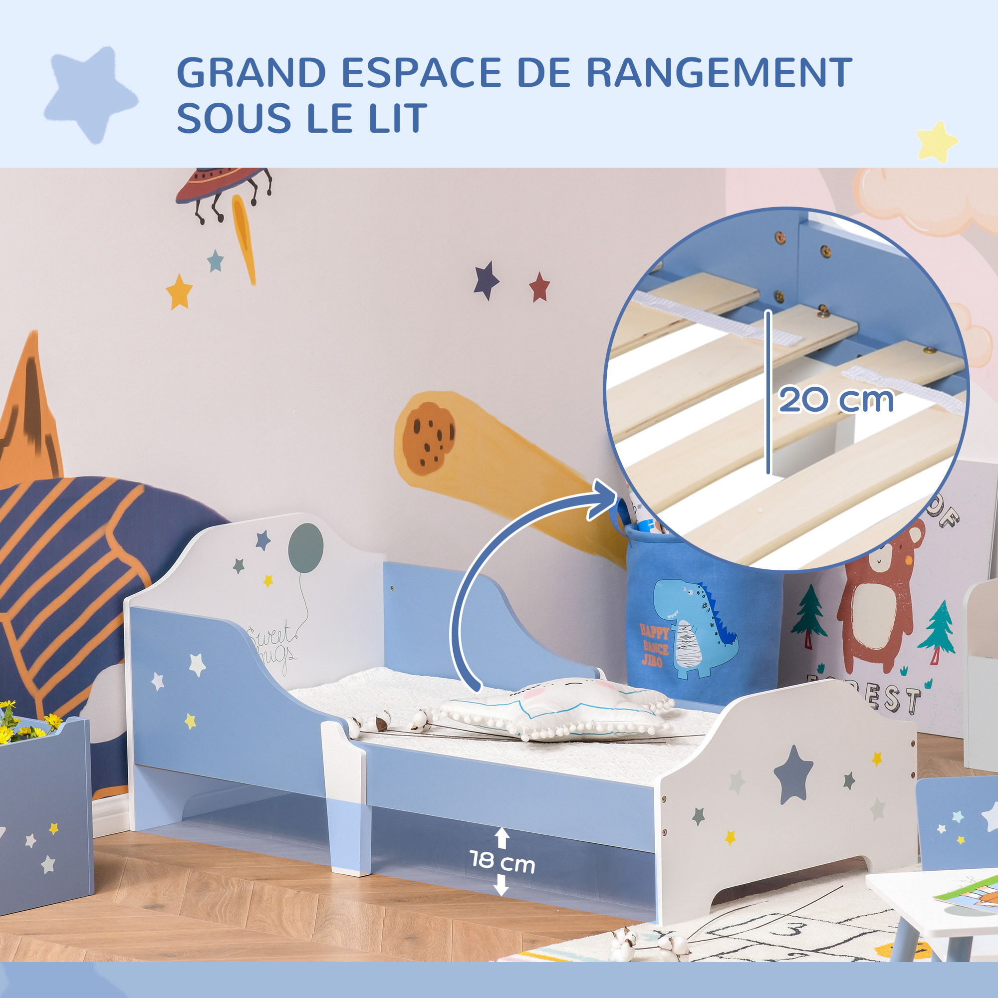 Lit enfant design étoiles - 3-6 ans - dim. 143L x 74l cm - sommier à lattes inclus - bleu blanc