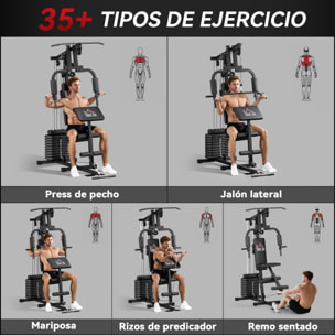 Multiestación Musculación, Máquina de Musculación con Prensa de Pecho, Placas de Peso de 45 kg, Curl de Piernas y Brazos, Polea Mariposa, Carga 100 kg, para Entrenamiento Casa Gimnasio, Negro